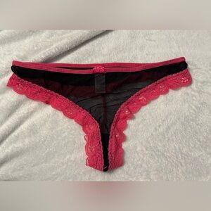 NWOT Secret Treasures Black and Pink Lace Sheer Mesh G String with FLIRT Design